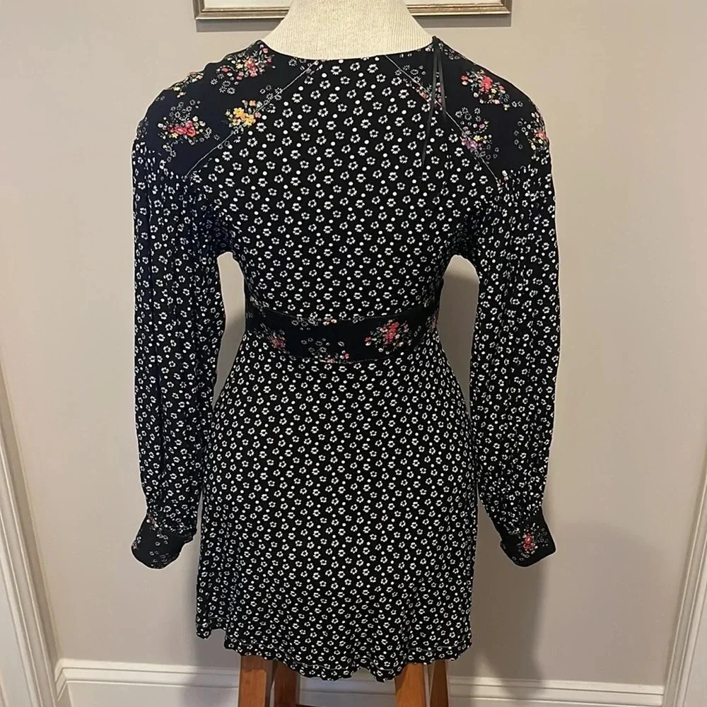 Free People - Wonderland Printed A-Line Mini Dress - Size XS - Black Floral - Picture 4 of 8
